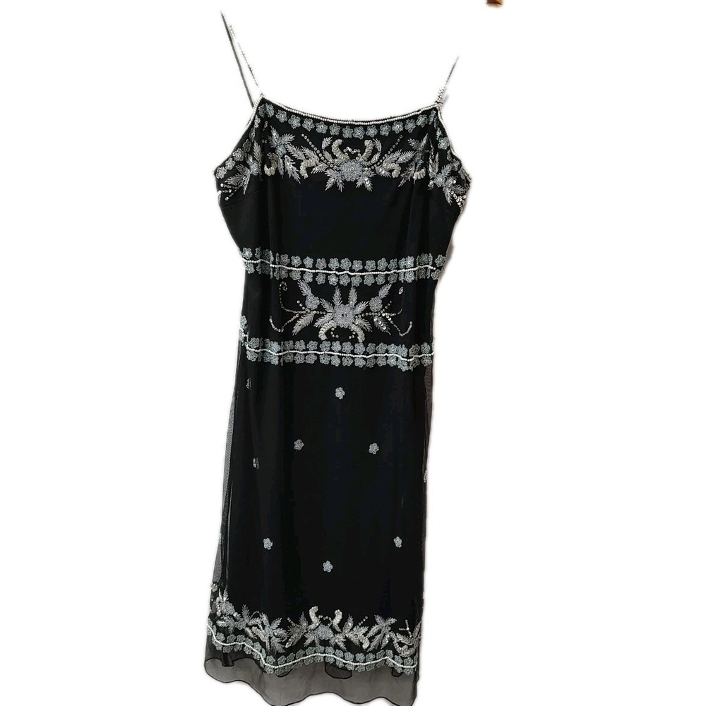 Vtg MARINA Long Black Dress BLUE BEADED WOMENS Sz 12 Elegant Castle Glam Evening